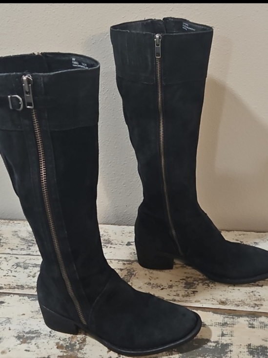 Born Shoes - Born Fanner Black Suede Knee-High Ridding Boots Dual Zip Heeled Size 8
